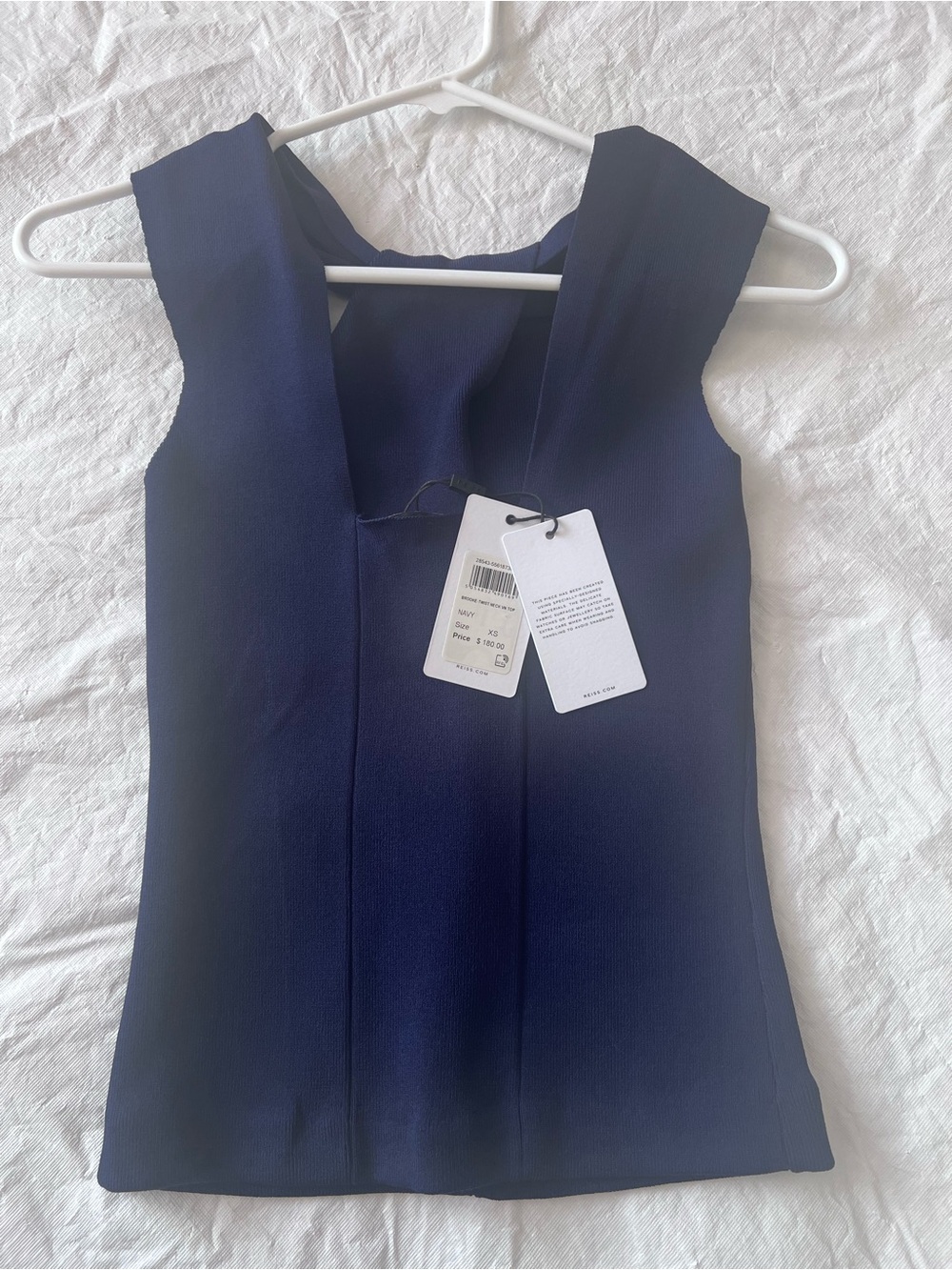 REISS Brooke Top Size XS BRAND NEW Navy Blue Twist Neck Classic Minimalist